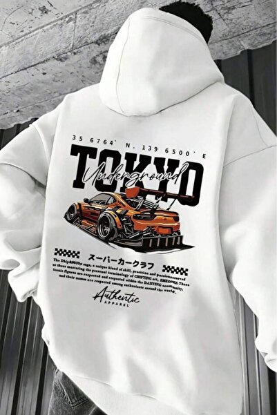 NO 601 Ανδρικό χειμερινό φούτερ με λευκή κουκούλα με στάμπα Tokyo