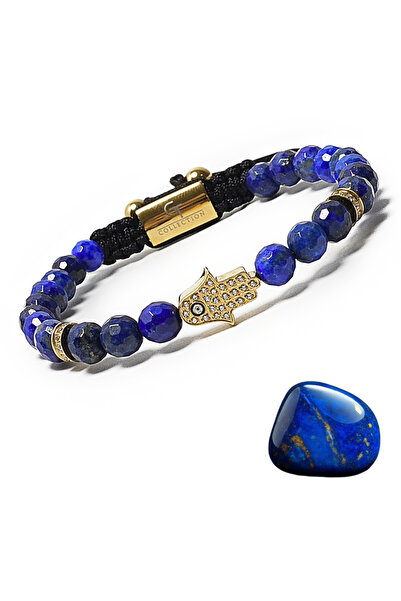 GT Collection Brățară Energetică pentru Bărbați – Mărgele Lapis Lazuli cu Mână Hamsa Aurie – Sârmă Reglabilă