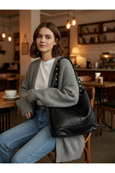 KISCHE Large Shoulder Handbag Lined Studded Casual Bag