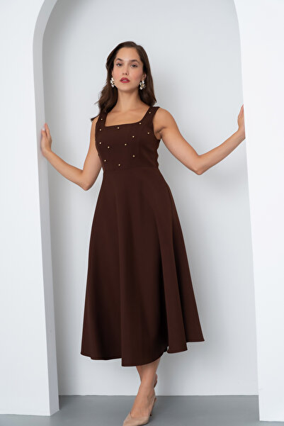 Lafaba Γυναικείο φόρεμα μίντι με καφέ τετράγωνο λαιμόκοψη και πέρλες