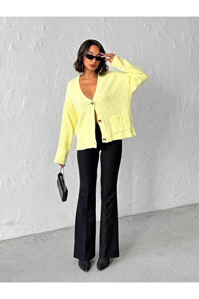 BEJNA Women's Yellow V-Neck Buttoned Pocketed Ribbed Knit Cardigan