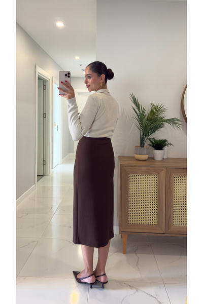 BİRCANÇİL Polen Brown Skirt with Front Slit Detail