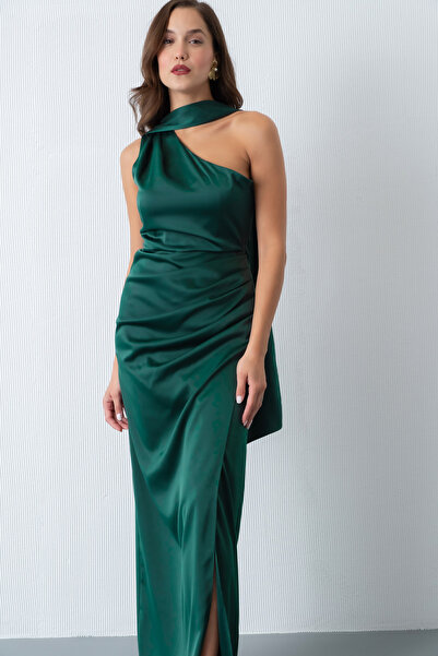 Lafaba Γυναικείο Σμαραγδένιο Πράσινο Φόρεμα Βραδινό Φόρεμα με Σκίσιμο Μακρύ Σατέν