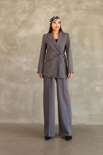 Stil Sepeti Women's Anthracite Premium Side Tie Blazer Jacket Palazzo Pants Set Drl-10001161