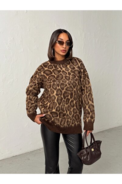 BEJNA Women's Brown Leopard Pattern Oversize Sweater