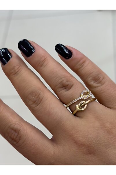 Hicrans Takı DÜĞÜM MODEL TAŞLI İKİ SIRALI AYARLANABİLİR GOLD VİP SERİ YÜZÜK