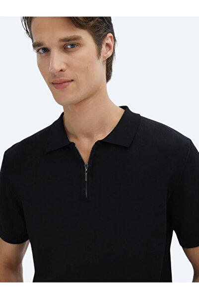 Kip Menswear Zippered Polo Neck Plain Knitwear T-Shirt Black Trk-1573