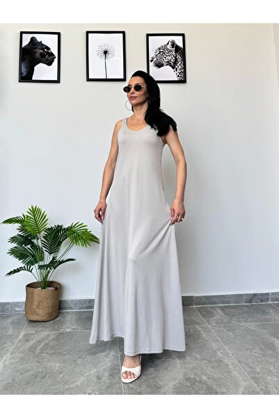 BS Açık Gri Kalın Askılı Uzun Elbise