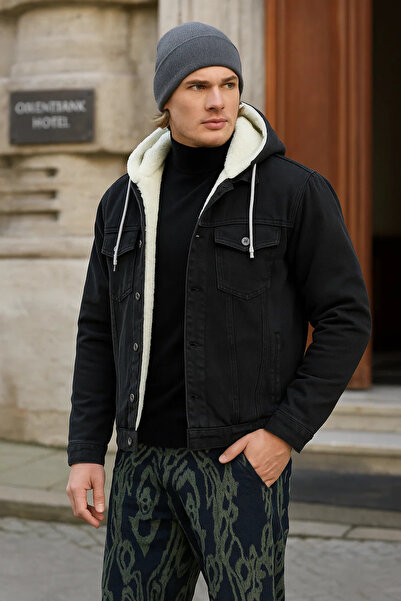 DAMGA JEANS Ανδρικό χειμωνιάτικο φαρδύ μαύρο τζιν μπουφάν με κουκούλα