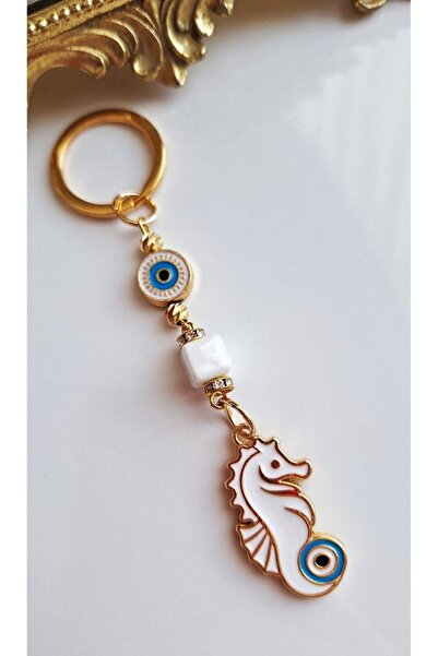 Svc Aksesuar Gift Evil Eye Beaded Luck Seahorse White Keychain 10.5 cm