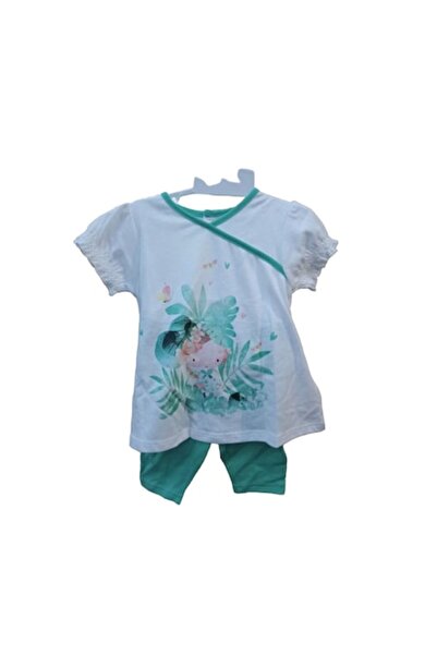 OEM Compleu tricou cu pantaloni scurti, model floral, alb cu verde, 6 luni