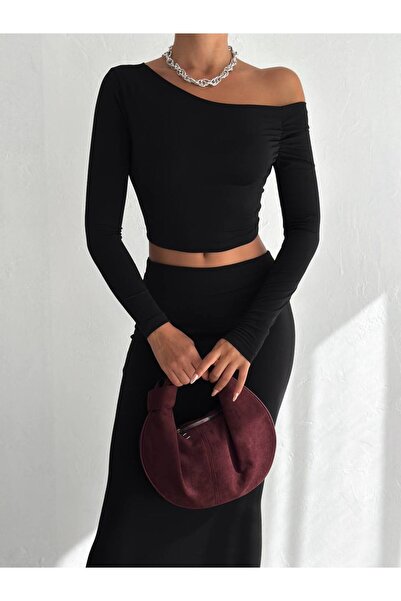 Cuyka Women's One Shoulder Long Sleeve Crop Blouse & High Waist Long Skirt Sandy Fabric Two Piece Set