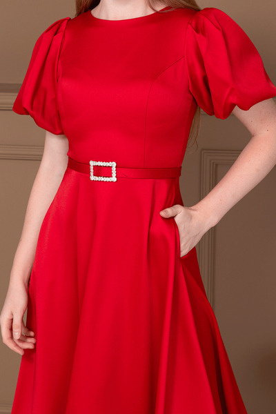 BEYBOS Saten Kumaş Kemer Detaylı Midi Elbise - KIRMIZI