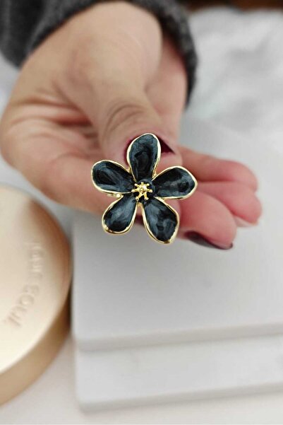KYOLA DESİGN Siyah Yapraklı Çiçek Gold Kadın Yüzük (3cm)