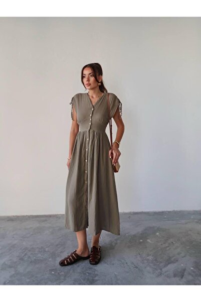 hedef giyim Buttoned Sleeve Lace-Up Sleeveless Waist Elastic V-Neck Dress