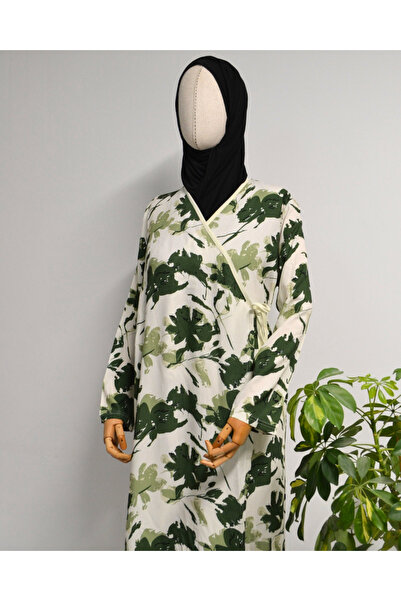 Bilenler Φόρεμα προσευχής με διπλό στήθος με σχέδιο με φύλλα – 100% βισκόζη, με πλαϊνά κορδόνια, μέγεθος 36-46