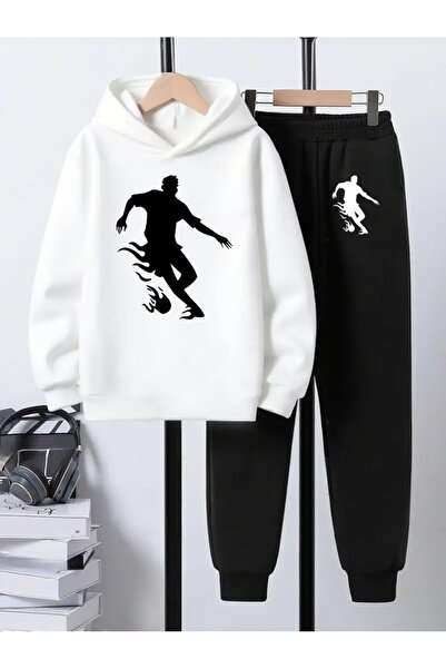 buendiakids Boy's Black and White Flame Footballer Silhouette Printed Hooded Sweatpants Set