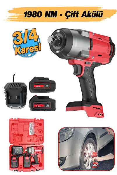 Badem10 Şarjlı Çift Akülü Darbeli Somun Sıkma 3/4 Sökme Tabanca 1980 Nm Tork Teker Bijon 2300 BPM 18 Volt