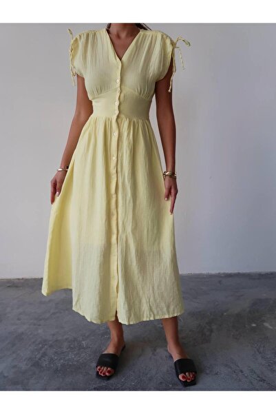 hedef giyim Buttoned Sleeve Lace-Up Sleeveless Waist Elastic V-Neck Dress