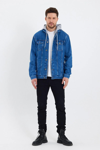 DAMGA JEANS Erkek Basic Mevsimlik Kapşonlu Mavi Kot Ceket