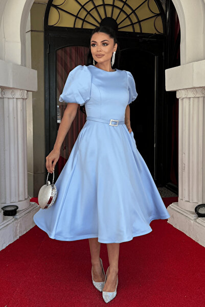 giyimmasalı Rochie midi cu detaliu curea din material satinat - ALBASTRU BEBE