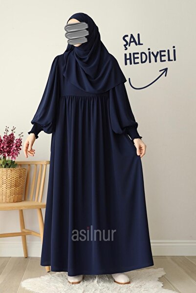 ASİLNUR Hüsna Balon Kol Ferace Şal Hediyeli Takım Lacivert