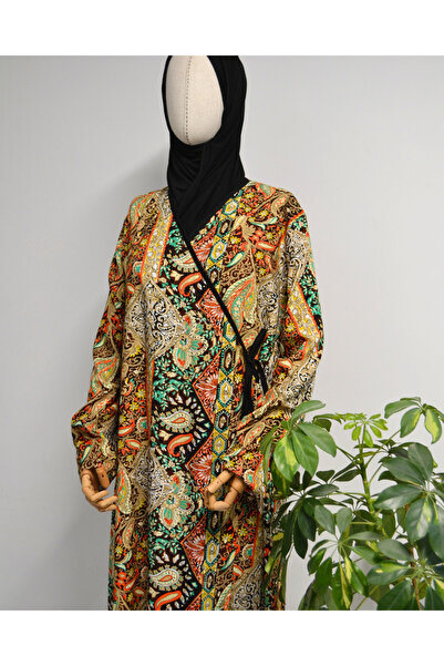 Bilenler Ethnic Patterned Double-Breasted Prayer Dress – 100% Viscose, Side Tie, Sizes 36-46