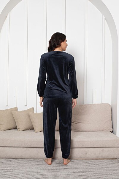 Asel Women's Navy Blue Velvet Long Sleeve Cuffed Pajama Set