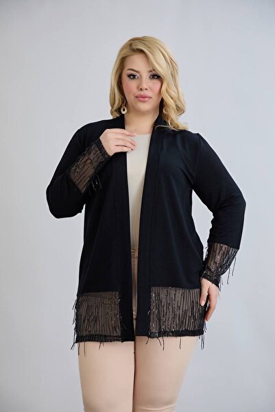 Genel Markalar KADIN BÜYÜK BEDEN KOL VE ETEK UÇLARI TÜL VE İŞLEME DETAYLI KRİSTAL KUMAŞ ŞIK HIRKA