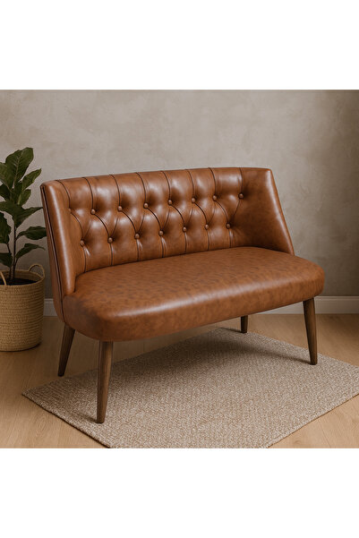 Azra Mobilya Milano İkili Modern Koltuk - Deri Kumaş - Ahşap Ayak - Taba