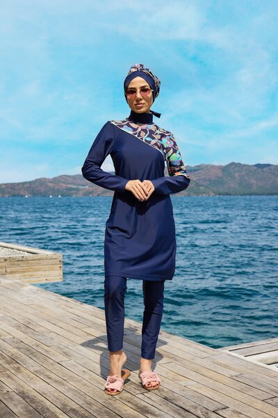 NS TASARIM MAYO طقم ملابس سباحة إسلامية من قطعتين بتصميم ليكرا منقوش على الكت...