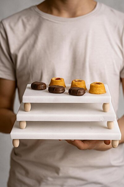 SANMARBLE mermer sunumluk üçlü set ahşap uzun ayak