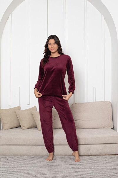 Asel Women's Burgundy Velvet Long Sleeve Cuffed Pajama Set