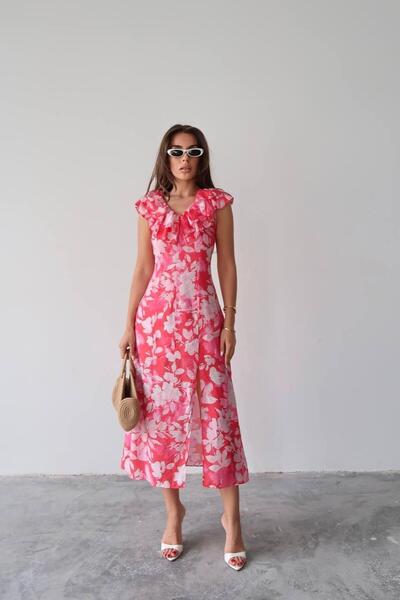 hedef giyim Ruffle Detailed Slit Floral Dress