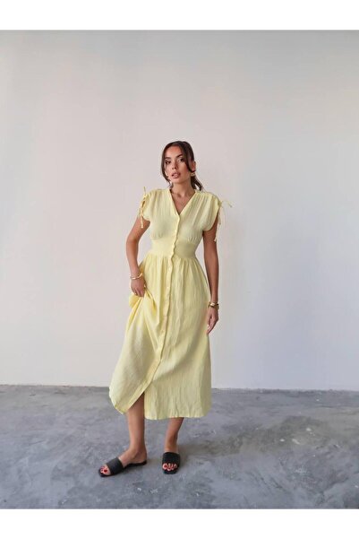 hedef giyim Buttoned Sleeve Lace-Up Sleeveless Waist Elastic V-Neck Dress