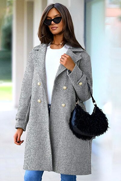 FashionForYou Cornelia coat, with gold buttons and matching cord, Grey, Size S/M