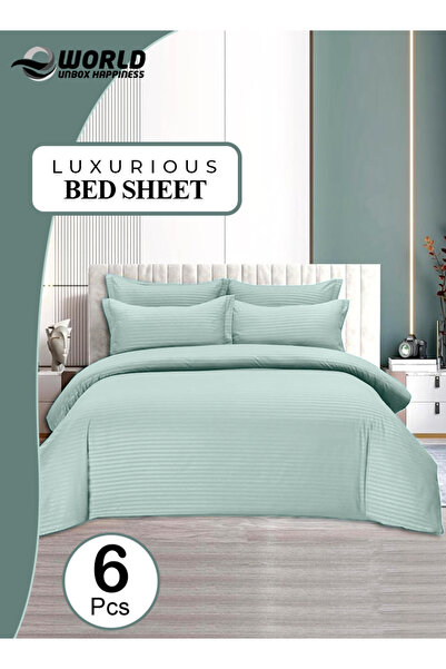Eworld 6-Piece King Size Pastel Green Striped Cotton Bedding Set with Fitted Sheet Quilt Cover & Pillowcase