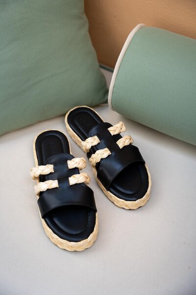 LamintaGlobal Frida Black Straw Striped Women's Slippers