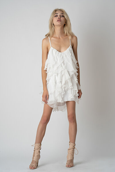 Monarh Design Rochie mini Lucky cu volane din amestec de matase White