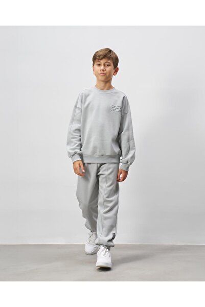 Magu Boy's Cotton Gray Basic Text Printed Sweatshirt Tracksuit Top and Bottom Set