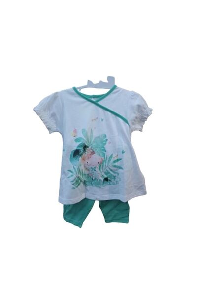 OEM Compleu tricou cu pantaloni scurti, model floral, alb cu verde, 3 luni