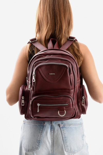 H&D COLLECTİON Mega women's faux leather burgundy multi-compartment waterproof backpack