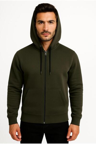 AXXEL Erkek Haki Fermuarlı Kapüşonlu Sweatshirt-W590
