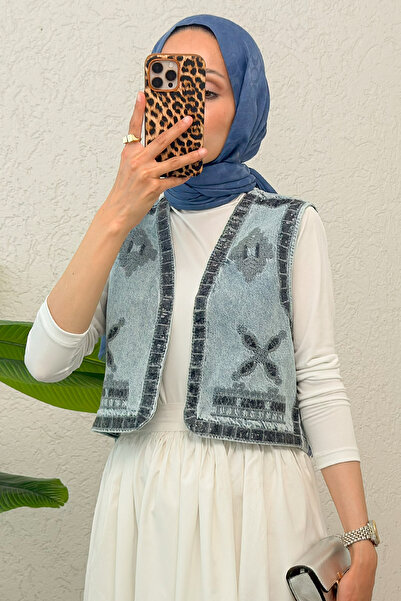 zhrcelebi Pul Nakışlı Denim Yelek 92030 - MAVİ