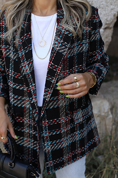 bytugcekaya Siyah Kırmızı Kareli Kruvaze Blazer
