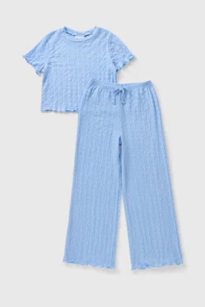 Kübra Tekstil Girl's Blue Short Sleeve Top and Wide Leg Pants Wrinkle Fabric Set - Girl's Set