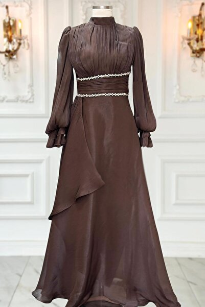 Amine Hüma Alize Abiye Elbise Koyu Kahve