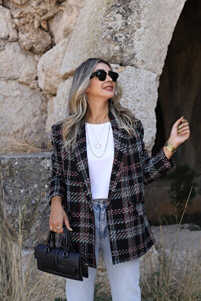 bytugcekaya Siyah Kırmızı Kareli Kruvaze Blazer