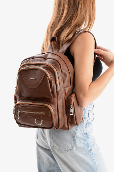 H&D COLLECTİON Mega Women's Faux Leather Tan Multi-Compartment Waterproof Backpack