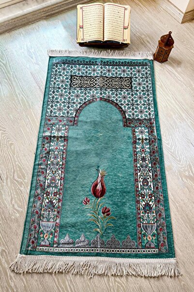 MUSK STORE Tulip Design Luxury Quilted Chenille Fabric Prayer Mat 115X66 Cm. 800g. Turquoise